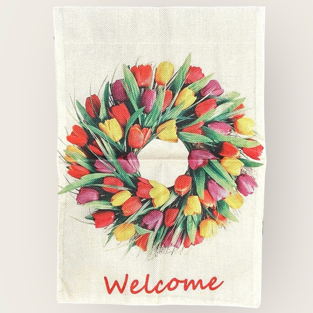⚡️2/$12 🆕 Tulip Wreath Garden Flag - Welcome NWT